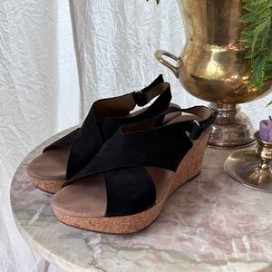 Clarks Black Cork Wedge Sandals